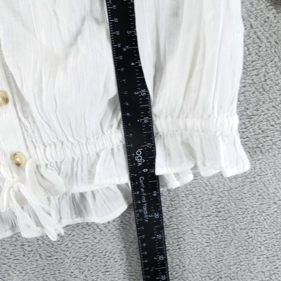 Free People Blouse Womens L White Puff Sleeve Button Front Crop Boho Ruffle Hem - Picture 9 of 10